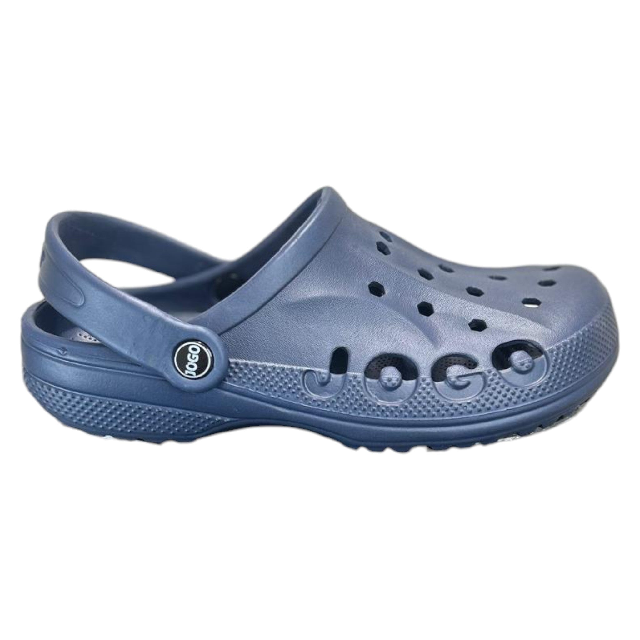 Mens Navy Jogo clogs with breathable ventilation holes and adjustable heel strap – lightweight unisex slip-on garden shoes